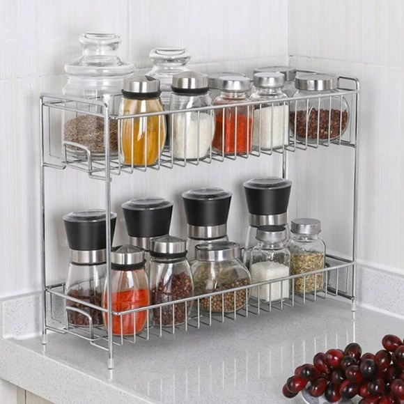 Silver Metal 2-Tier Standing Storage Organizer Rack - Picture 1 of 15